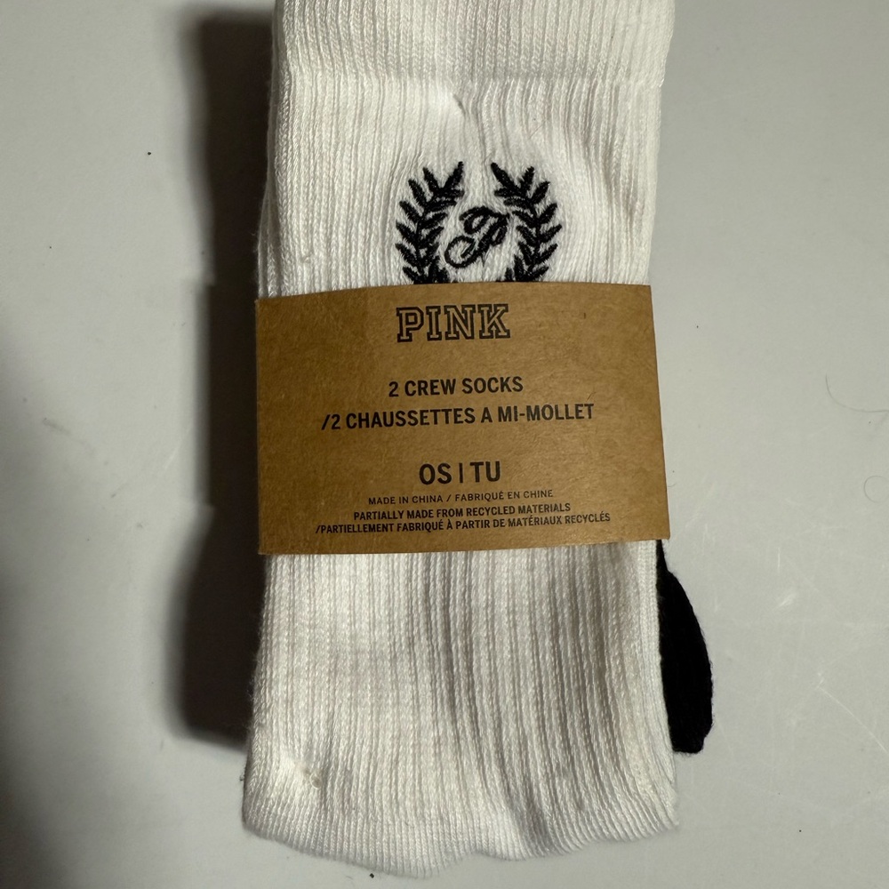 PINK Victoria's Secret White and Black Embroidered Crew Socks